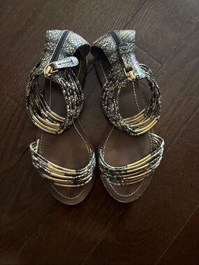 Tory Burch Snake-Print Ankle Strap Sandals with Gold Hardware